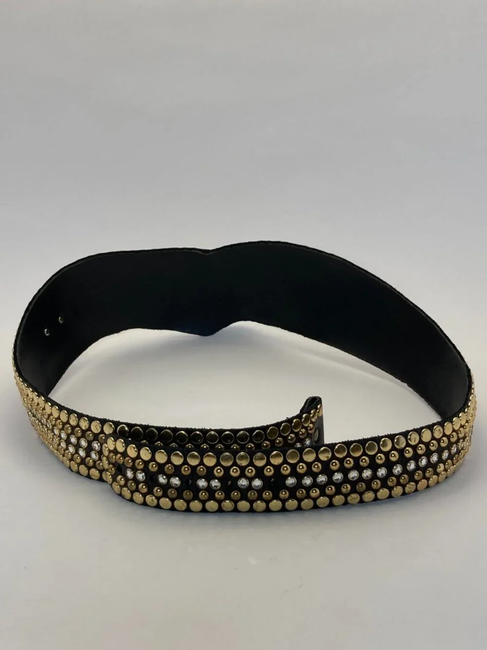 Kippys Vintage Western Belt Sz 34-37 Swarovski Crystal Black Leather Gold Studs
